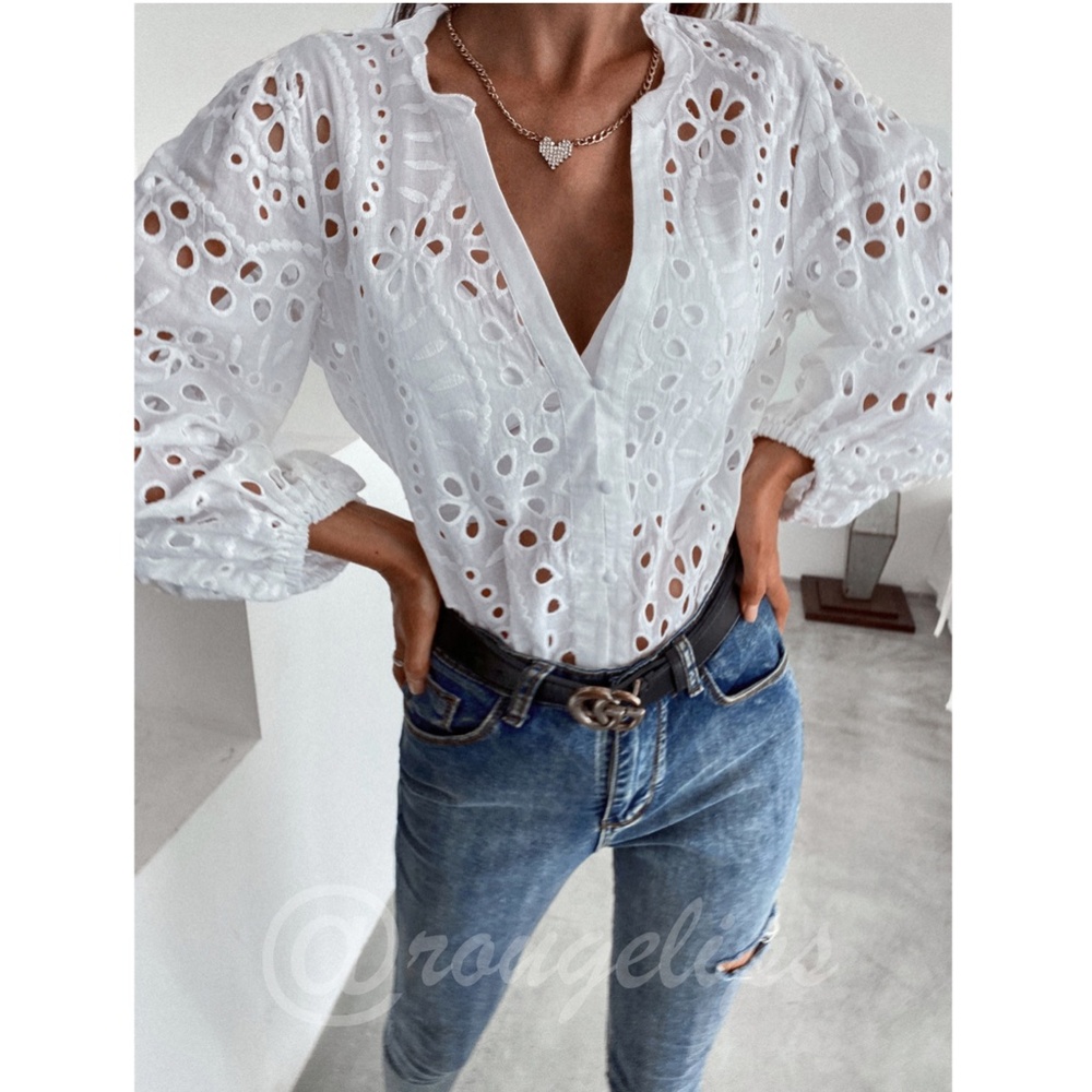 White Boho Eyelet Button Down Shirt - Picture 3 of 8